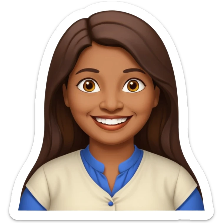 50 yr old chubby Sri Lankan woman, dark skin, straight brown hair, big smile, white teeth, european clothes, longer hair sticker