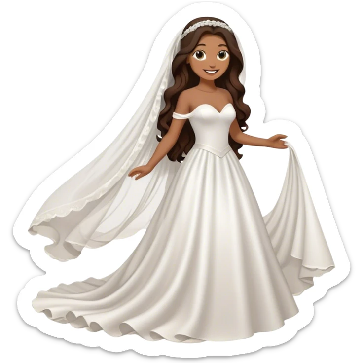 Full body tan woman with dark brown long hair Hollywood wave hair. Wearing a white wedding dress, veil happy sticker