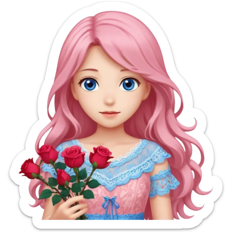 pastel anime woman with pink and white lace dress full body and long hair with roses and blue eyes sticker