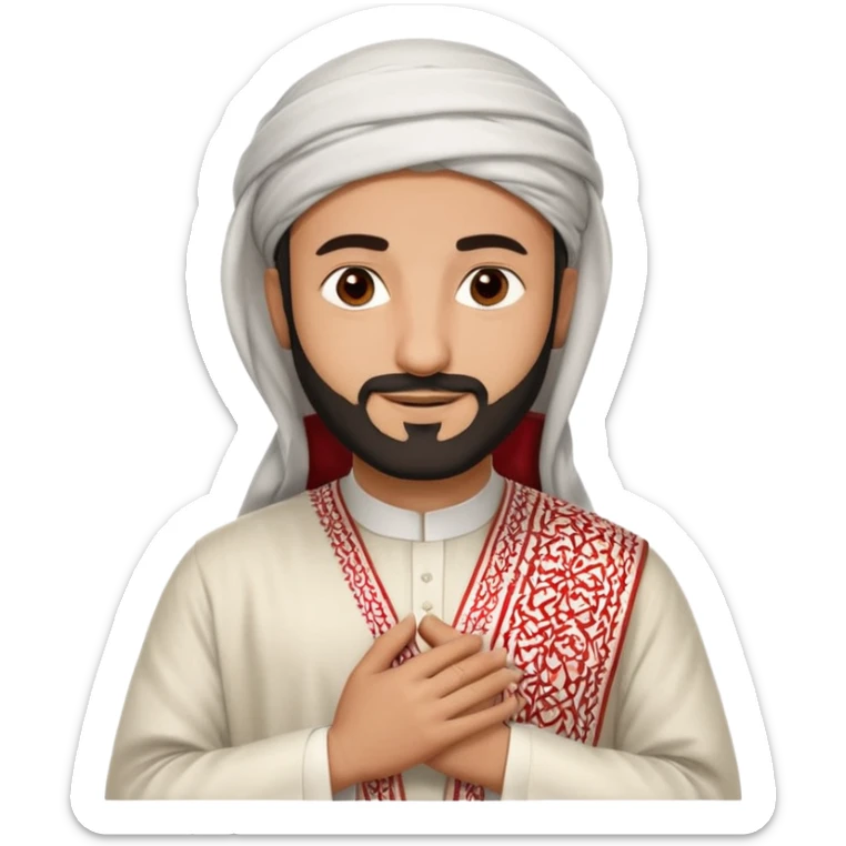 detailed iPhone-style emoji of a Saudi man in traditional attire: white thobe, red-and-white shemagh, black agal, short beard, brown eyes, calm smile, both hands gently crossed on chest sticker