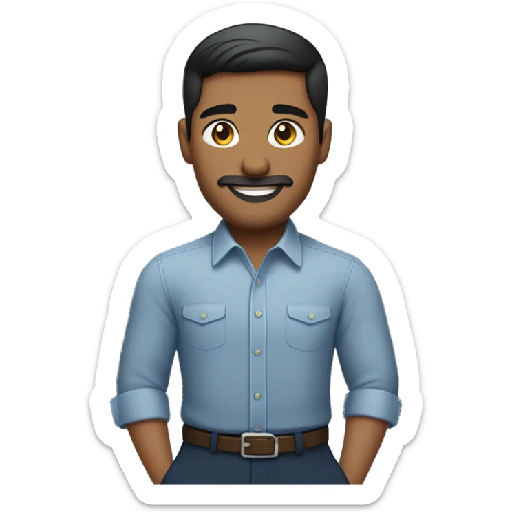 navajo  emoji of a man with short dark hair, clean-shaven, goatee and mustache.  wearing a formal button-up dark blue shirt,  smiling  with a smartwatch on his wrist.  resemble professional attire. smaller eyes  sticker