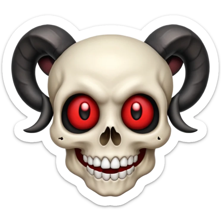 Emoji of mischievous skull with black ram horns, bright red eyes, wide expressive smile, inspired by three attachments, apple emoji style sticker