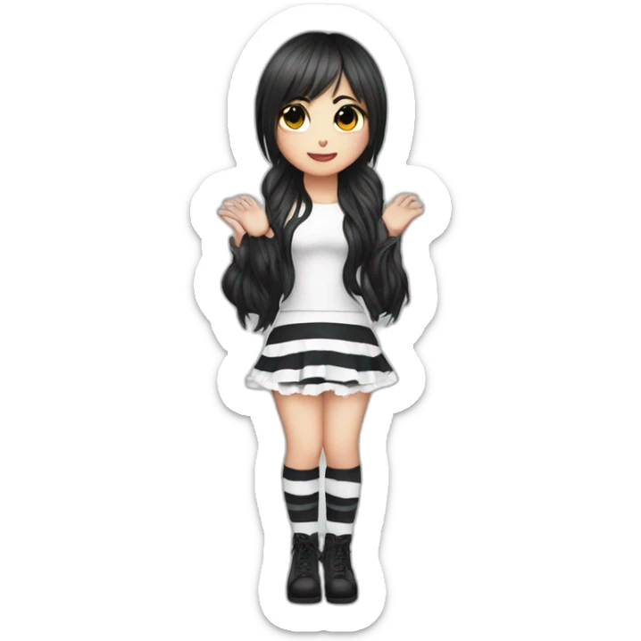 Frontal view curvy emo girl sits white skirt striped stockings hands up sticker