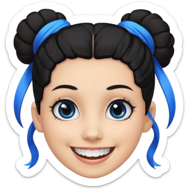 Now tied up her hair in a bun, the on her head is black, but blue bang on front. Bigger eyes and brighter smile, show teeth while smiling sticker