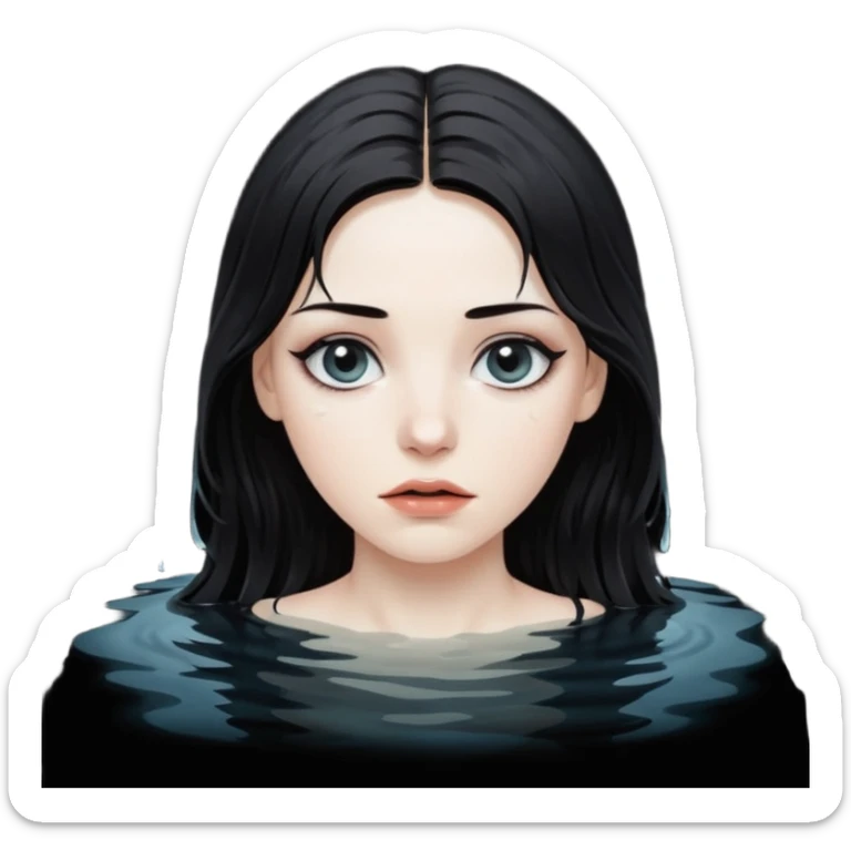 Woman submerged in black water, wet skin and eyes above surface, silent invitation sticker
