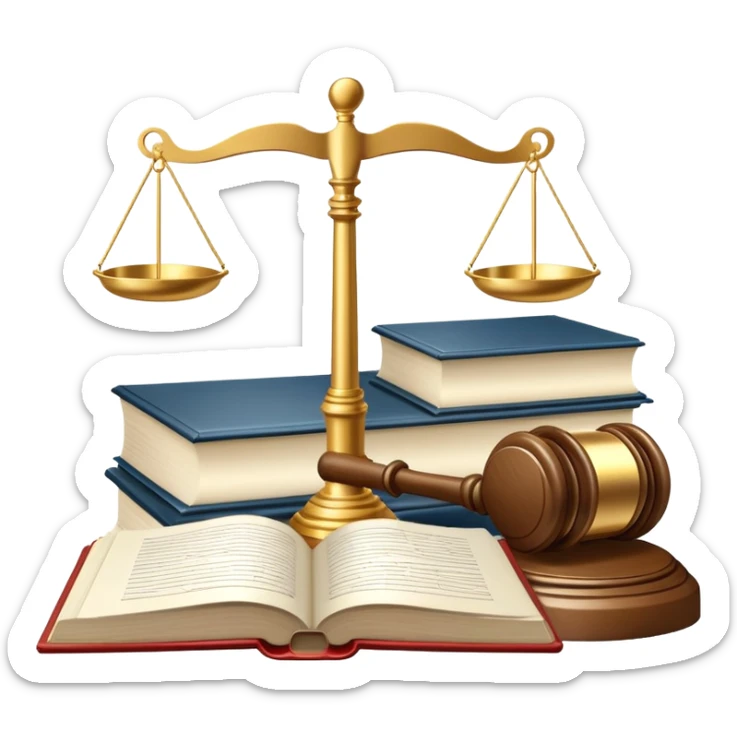 An icon featuring scales of justice, a gavel, and a legal book, symbolizing the study of law. The design includes courthouse pillars in the background, representing authority and legal systems. Transparent background highlights the principles of justice, order, and legal education. sticker