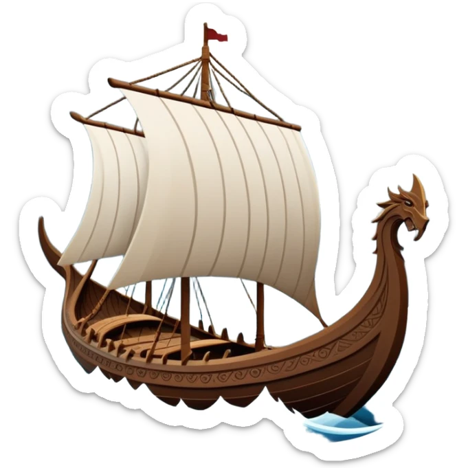 clash-of-clans-aesthetic_-cinematic-viking-longboat, rendered in a flat, bold vector style with minimal shading, featuring a striking dragon-headed prow slicing through icy, churning waters. The longboat’s intricately detailed shields and carved motifs evoke a sense of epic adventure and Nordic might, with billowing sails catching a dramatic, stormy sky backdrop. sticker