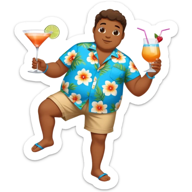 chubby guy full figure in a flowered azure havai shirt, brown shorts and flippers holding a cocktail sticker