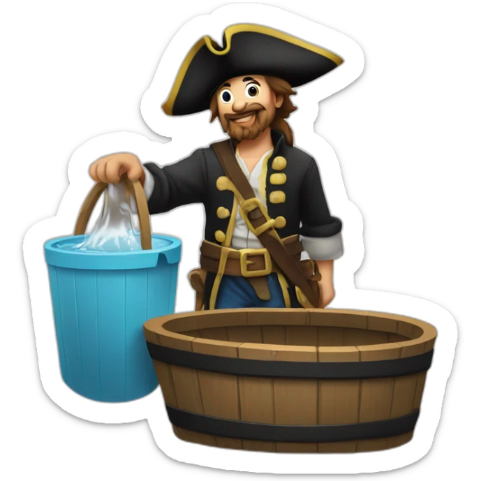 A pirate with an old wooden seal in his hands. He is sending the water that is in the bucket away. sticker