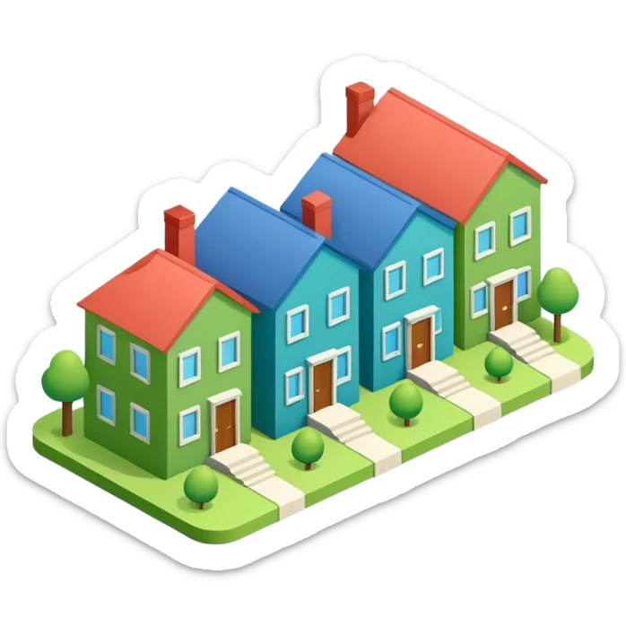 group of 3 houses representing neighborhood isometric houses on transparent background similar in style to the iphone icons houses should be colored in blue and green details sticker