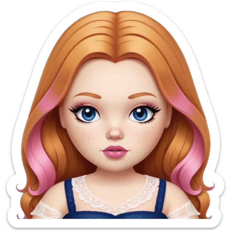 pretty bratz girl, big fat pluz-size, ginger straight hair, freckles, dark blue eyes, pink lips, black eyeliner, pale skin, cute lace girly clothes sticker