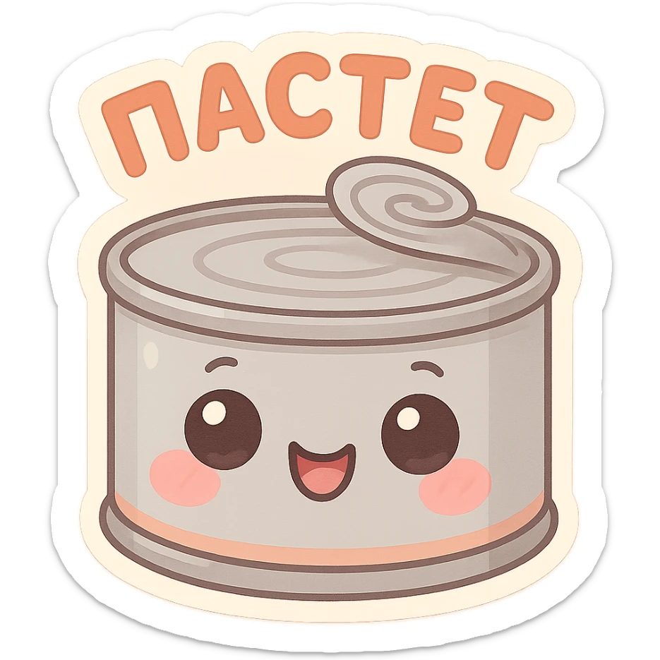A cute tin can of pâté with big expressive cartoon eyes, smiling and happy face, kawaii style, pastel colors, soft shading, simple background, adorable character design, high quality illustration, playful and funny mood, text on top saying "ПАСТЕТ" in bold cute Cyrillic letters sticker