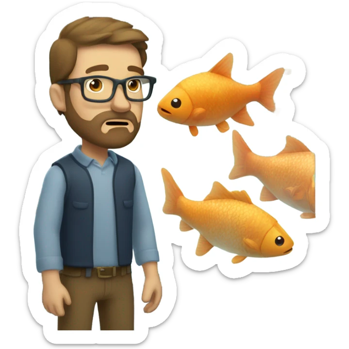 Caucasian man with brown hair and beard wearing glasses looking at big fish tank sticker