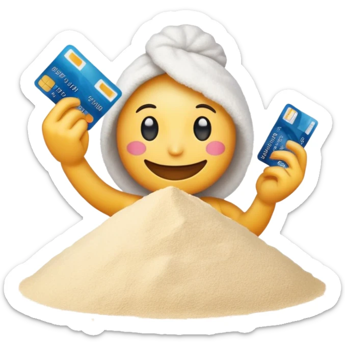 Happy emoji with credit card in hand and a pile of flour sticker