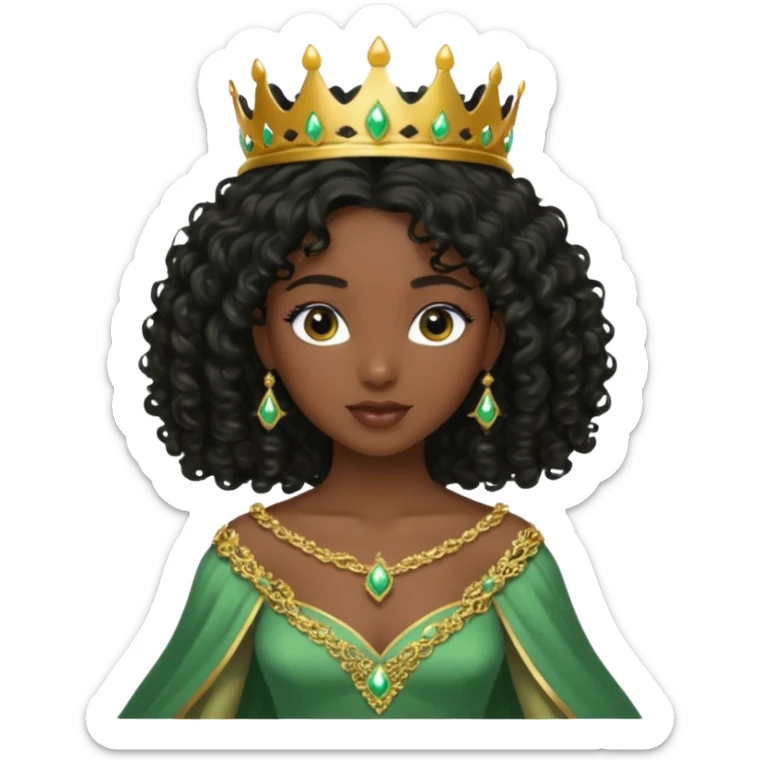 balck princess with black curly hair and a golden tiara. Green dress sticker