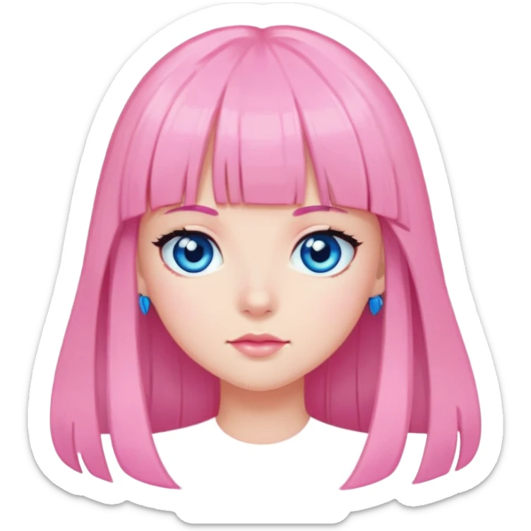 girl with long black hair and bangs blue eyes and hair clips in pink sticker