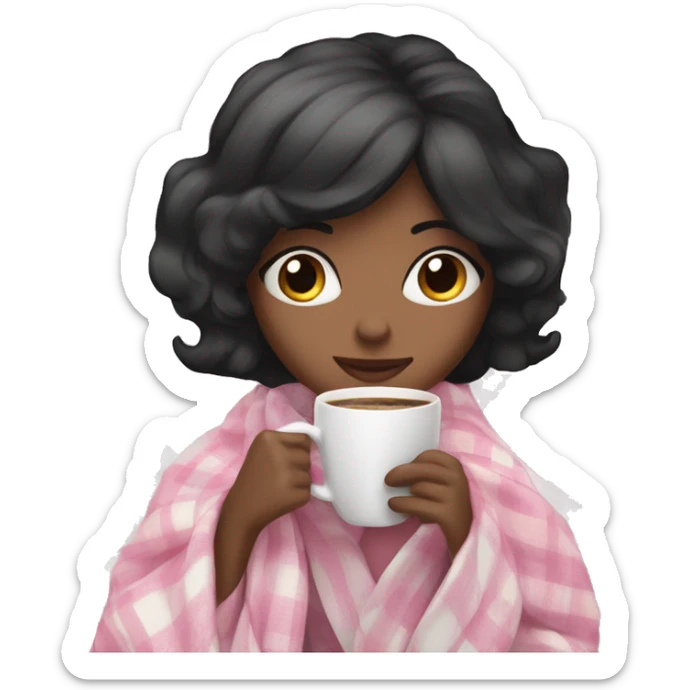 A cute black hair woman wrapped in pastel pink plaid blanket drinking coffee sticker
