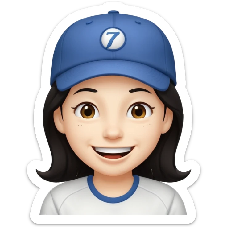 Digital illustration of a cartoon character with a big smile on its face and whinking. The character has long dark hair and is wearing a white baseball cap and casual clothes. The overall style of the illustration is cute and playful. sticker