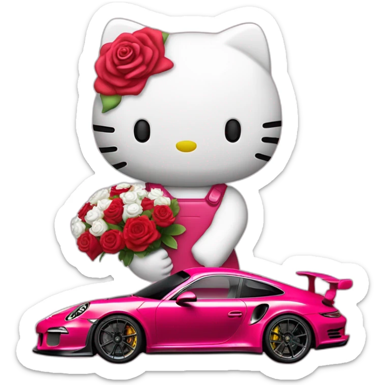 Hello kitty with porsche 911 gt3rs and bouquet of rose red in the hand sticker