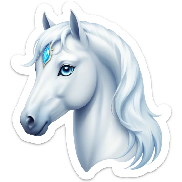 Cinematic Elegant White Horse Portrait Emoji, Head held high with a serene, graceful gaze, showcasing a magnificent pure white fur with a radiant shimmer, flowing mane and tail, and luminous blue eyes that exude beauty and grace, Simplified yet majestically refined features, highly detailed, glowing with a soft, ethereal light, high shine, poised and breathtaking, stylized with an air of pure elegance, capturing the essence of a stunning and graceful steed, so beautiful it feels like it could gallop out of the screen with effortless charm! sticker