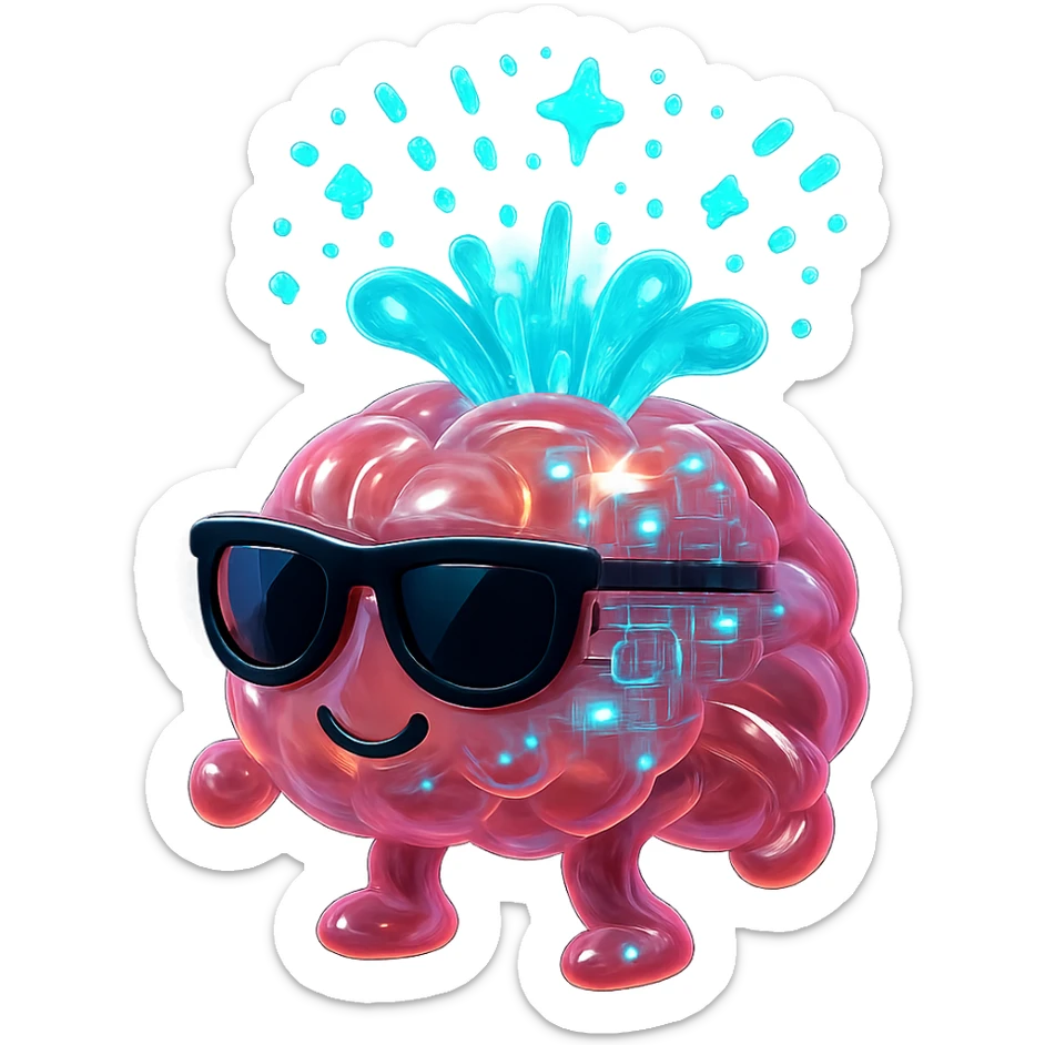 Edit to make the brain look like an AI, with circuitry, glowing blue and green lights, and a digital explosion, keep the sunglasses. sticker