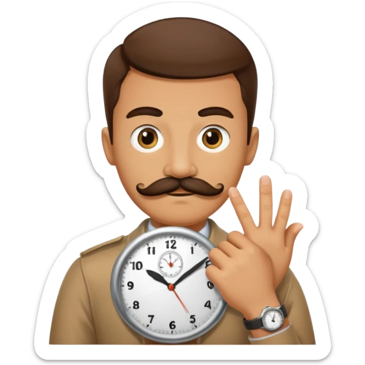 a watch person, a wrist watch with a face (eyes and mouth) in it and the clock hand are positioned to look like a moustache sticker