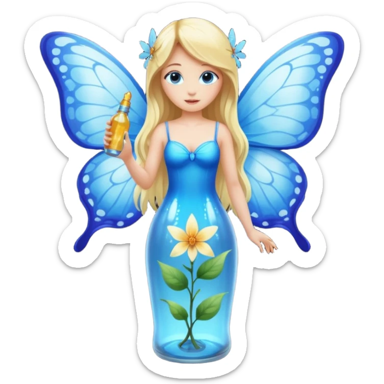 full body woman long blonde hair blue eyes white skin butterfly fairy wings and nectar bottle sticker