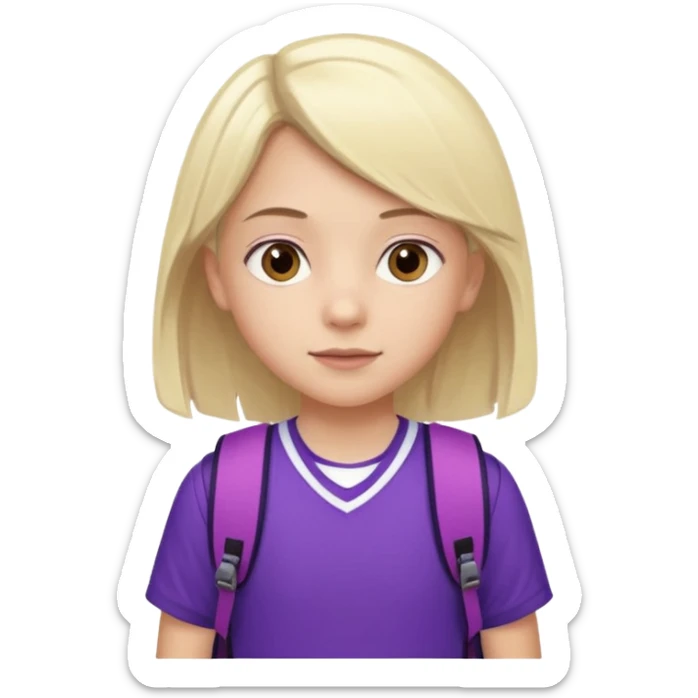 White blonde Girl with brown eyes around 8 on purple sports uniform with backpack  sticker