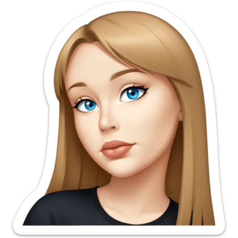 female, wearing black tshirt, long dark-blonde hair with thin bangs sticker