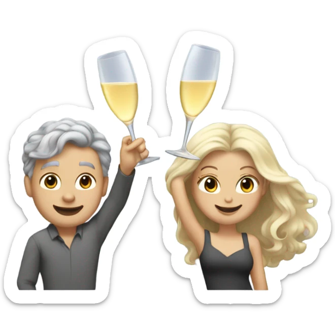 a white boy with gray hair and a girl with long blond wavy hair dancing with a glass of champagne sticker