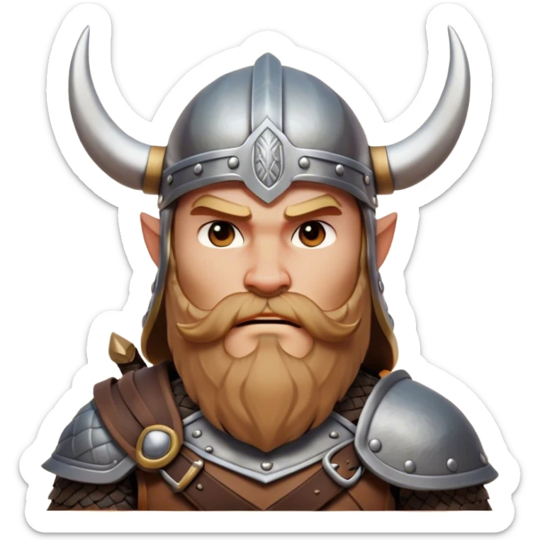 Clash of Clans aesthetic: Cinematic Fierce Viking Portrait Emoji, Poised and bold with a rugged yet stylized build, wearing a simple horned helmet and sporting a neatly trimmed beard, his face rendered in a natural skin tone, intense eyes reflecting fierce determination, Simplified yet dynamic features, highly detailed, glowing with a cool, battle-ready radiance, high shine, brave and resolute, stylized with an air of ancient Nordic valor, focused and commanding, soft glowing outline, capturing the essence of a fearless Viking adventurer ready to set sail on epic quests! sticker