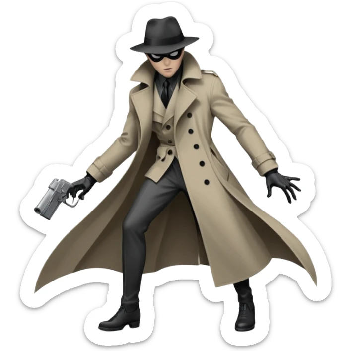Die-cut sticker of Spider-Noir, monochrome black and grey palette, trench coat fluttering, 1940s detective aesthetic. Sharp edges, heavy shadows, white border, isolated on white background, high detail. sticker