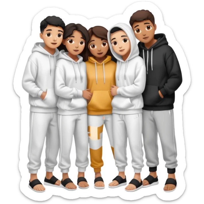 four mixed race friends all wearing white oversized hoodies with the hoods up, white sweatpants, and white slides huddled together hugging sticker