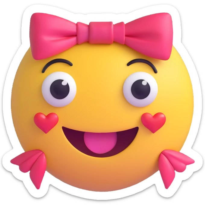 3D smiley emoji, nagy szempillás, masnival és szívecskével, szerelmes sticker