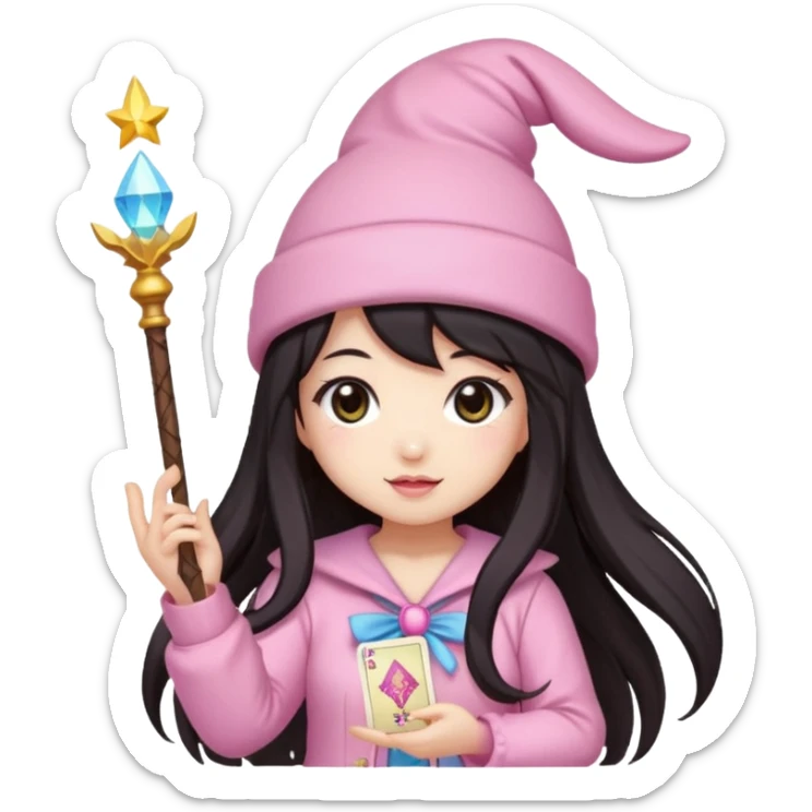 pixel art chibi asian girl with dark long hair in pink bunny hat magical girl with kawaii tarot cards thrown in air pixel emoji sticker