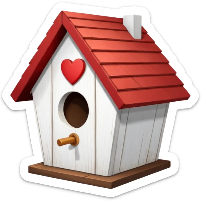 a birdhouse with a normal circular hole and a red roof with the rest white and a heart at the top but below the roof sticker
