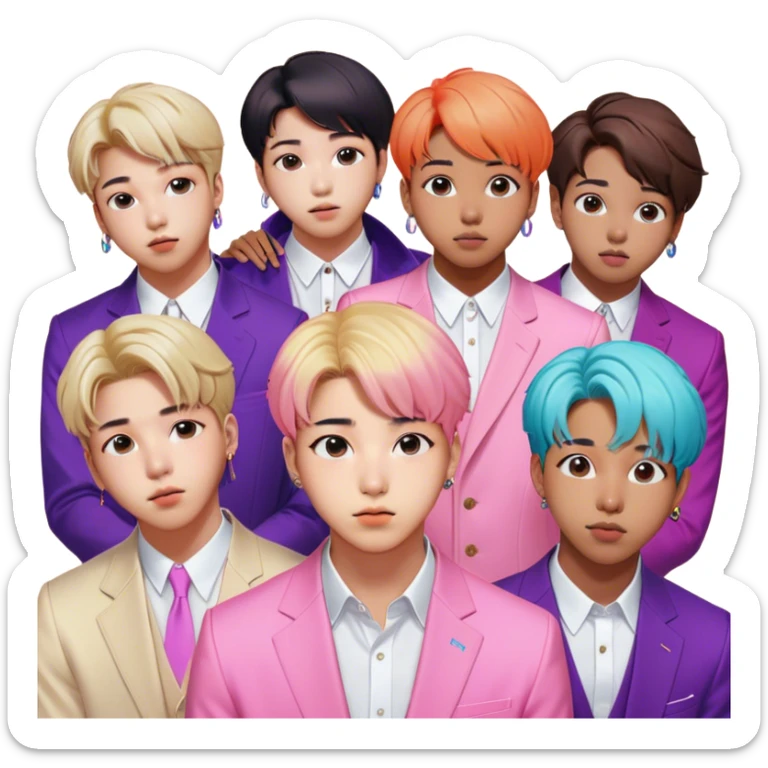 Cinematic Realistic group portrait of BTS featuring all 7 members in stylish modern attire, with detailed facial expressions and vibrant colors, captured in dynamic, contemporary lighting that emphasizes their global pop icon status sticker