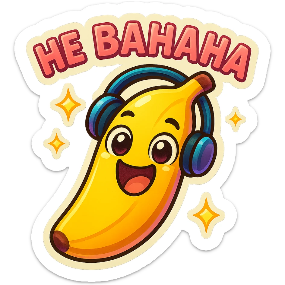Funny cartoon banana, big happy smiling face, wearing tiny headphones, wide excited eyes, tiny sparkles around, text above: "НЕ БАНАНА ", chibi style, Twitch emoji style, colorful, transparent background sticker