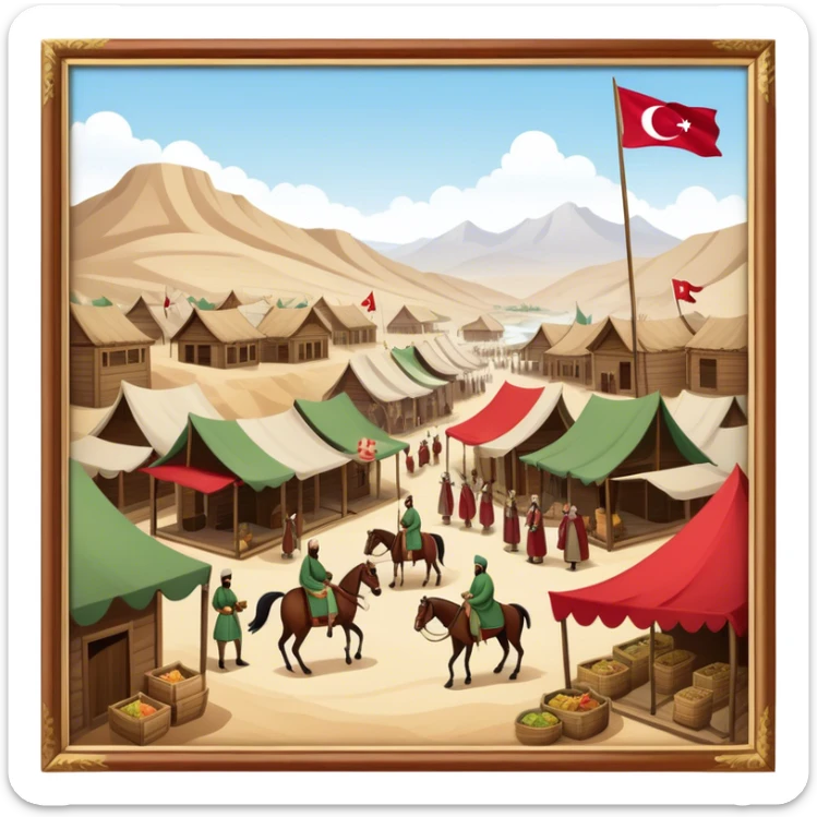 Early Ottoman settlement being built. Wooden houses, tents, and a small market. People in traditional Ottoman clothes, soldiers on horseback, and a flag waving sticker