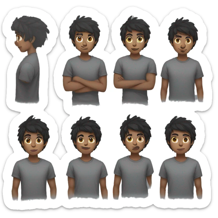 portrait, boy with messy black medium-length hair, black beanie, gray shirt, silver nose piercing sticker