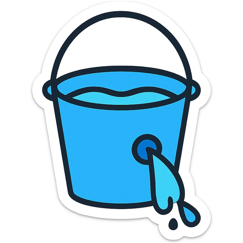 blue bucket of water with a hole in the side, water pouring out, color outline icon style sticker
