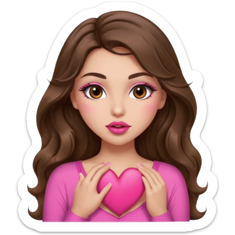 girl with long wavy brown hair, brown eyes, long lashes makeup, sexy pink lips, light to medium complexion, wearing a pink sexy top, sexy , puckering, blushing, kissing a heart sexy sticker