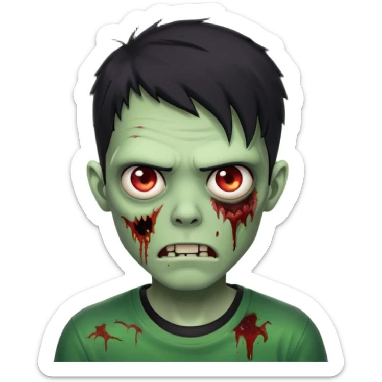 Zombie Emoji AppleIOS Style, lowfade Black Hair, and Black T-shirt, Green Skin, normal expression sticker