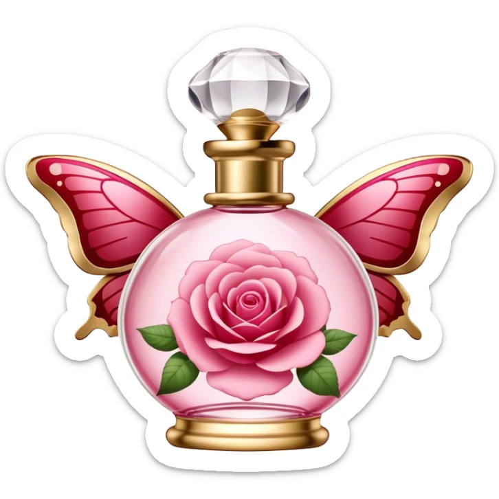 An elegant perfume bottle in Angel Pink with gold accents, surrounded by delicate butterflies with Rose Red and Deep Red wings, gracefully fluttering in a warm, romantic glow. sticker