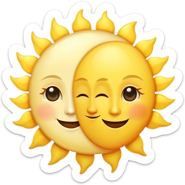 a really bright  big sun and a small moon who shines because of it. the sun is bigger and the moon bright too beside it smiling sticker