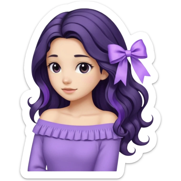 Girl with black wavy long hair and a ribbon hair clip beside it make it look like wearing a lavender off shoulder sweater make its hair stay in the back sticker