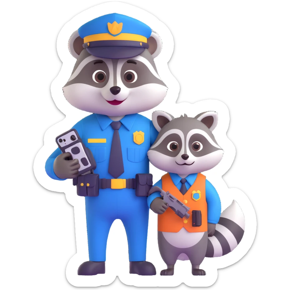 Add a mischievous pet raccoon next to the large, goofy federal agent in 3D cartoon style with transparent background. sticker