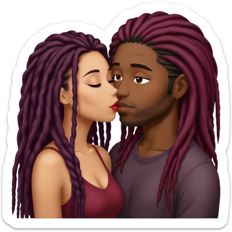 Dark Wine colored hair Latina long hair, kissing black guy with dreads sticker