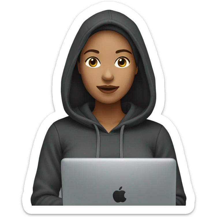 light skin woman in a dark grey hoodie, holding black laptop sticker