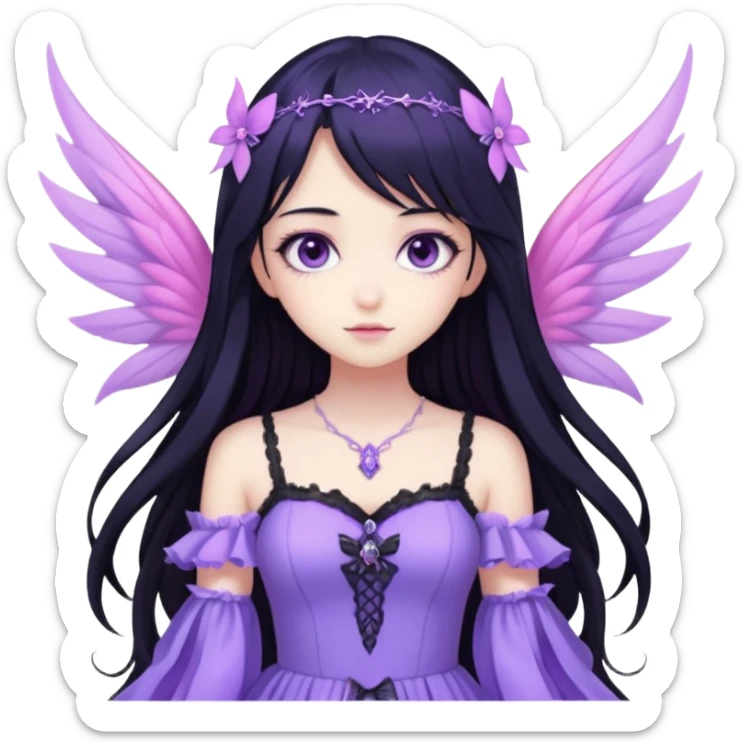 Gothic anime fairy with long beautiful black hair and violet dress, pastelcore, sticker